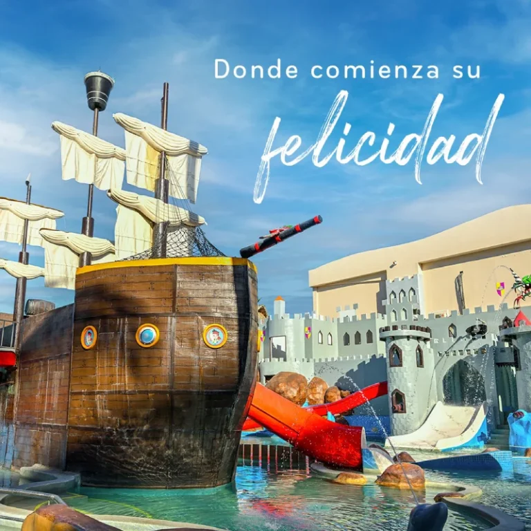 Water park with pirate ship, slides, and sunny atmosphere.