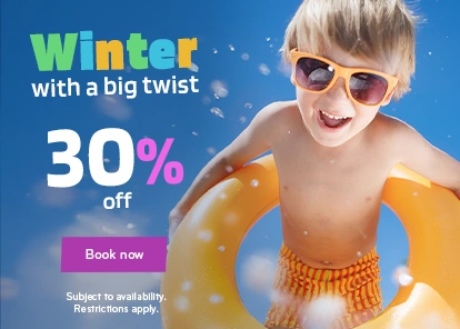 Winter vacation sale with 30% discount featuring a happy child in the pool.