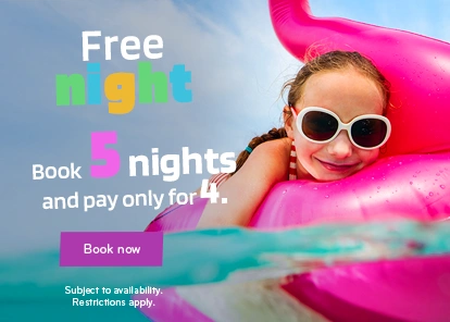 Free night promotion booking 5 nights featuring a girl on a pink pool float.