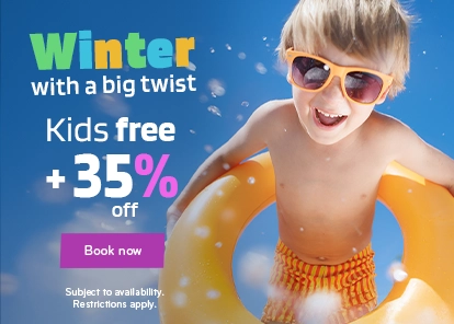 Winter vacation offer with 35% discount and child having fun in the pool.